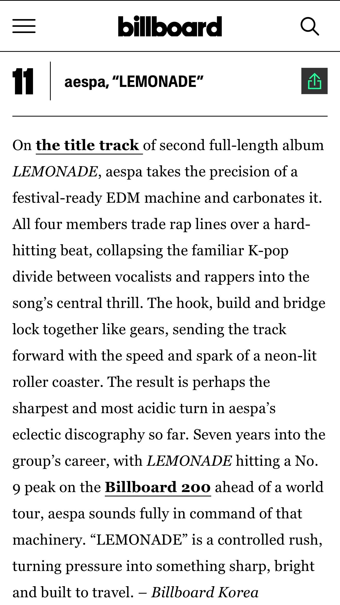 Billboard将aespa的《LEMONADE》评选入「2026年度迄今25