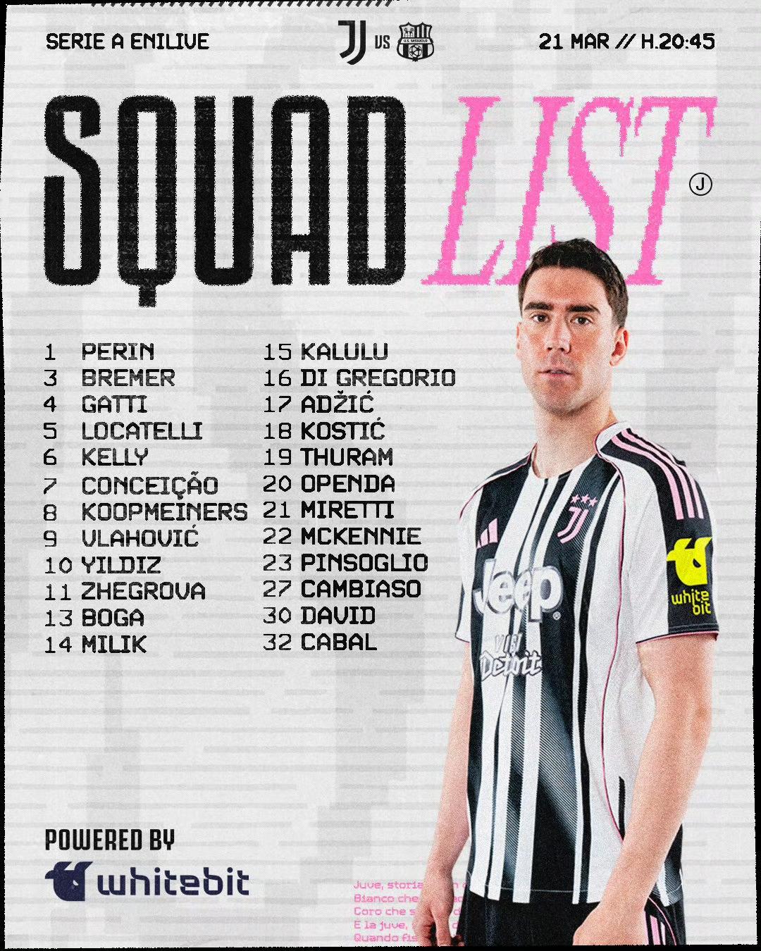 斑马军团主场迎战萨索洛24人大名单，弗拉霍维奇回归，大米哥继续在列。

Forz