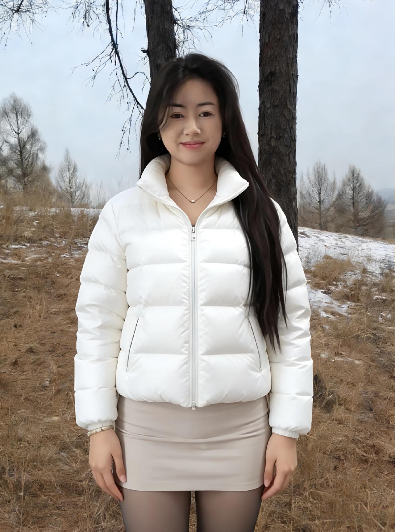 白袄堆云覆浅霜，轻裾曳雾带梅香。
眉弯初月凝清露，鬓软春风惹晓光。
临野岸，立寒