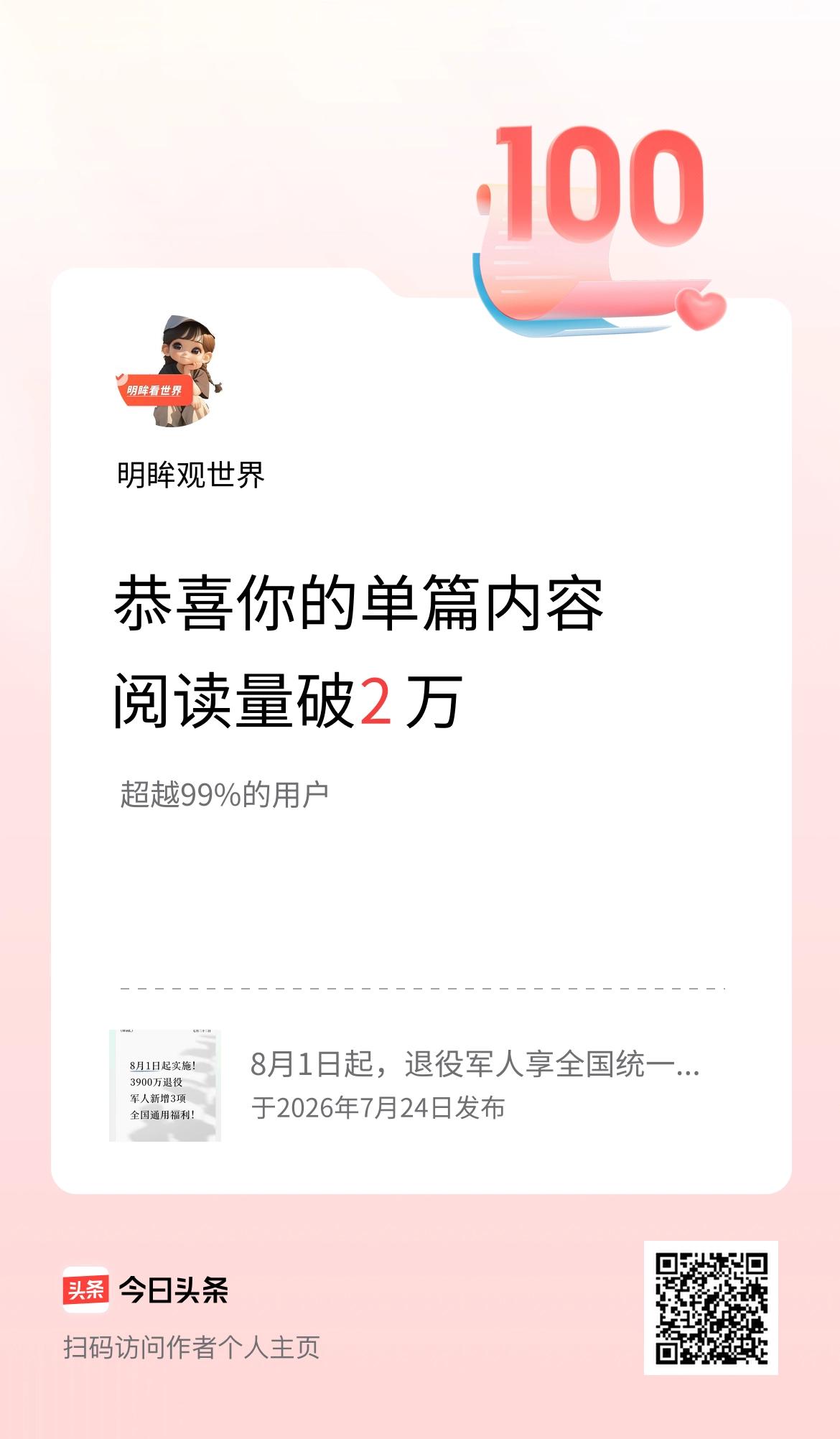 单篇内容获得阅读量破2万啦！