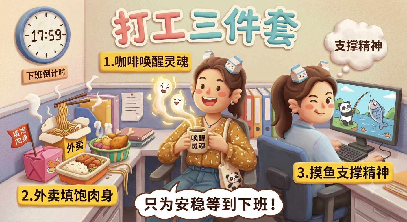 打工人三件套集体大涨价  我认为的打工三件套是咖啡、外卖、摸鱼。早上靠咖啡唤醒灵