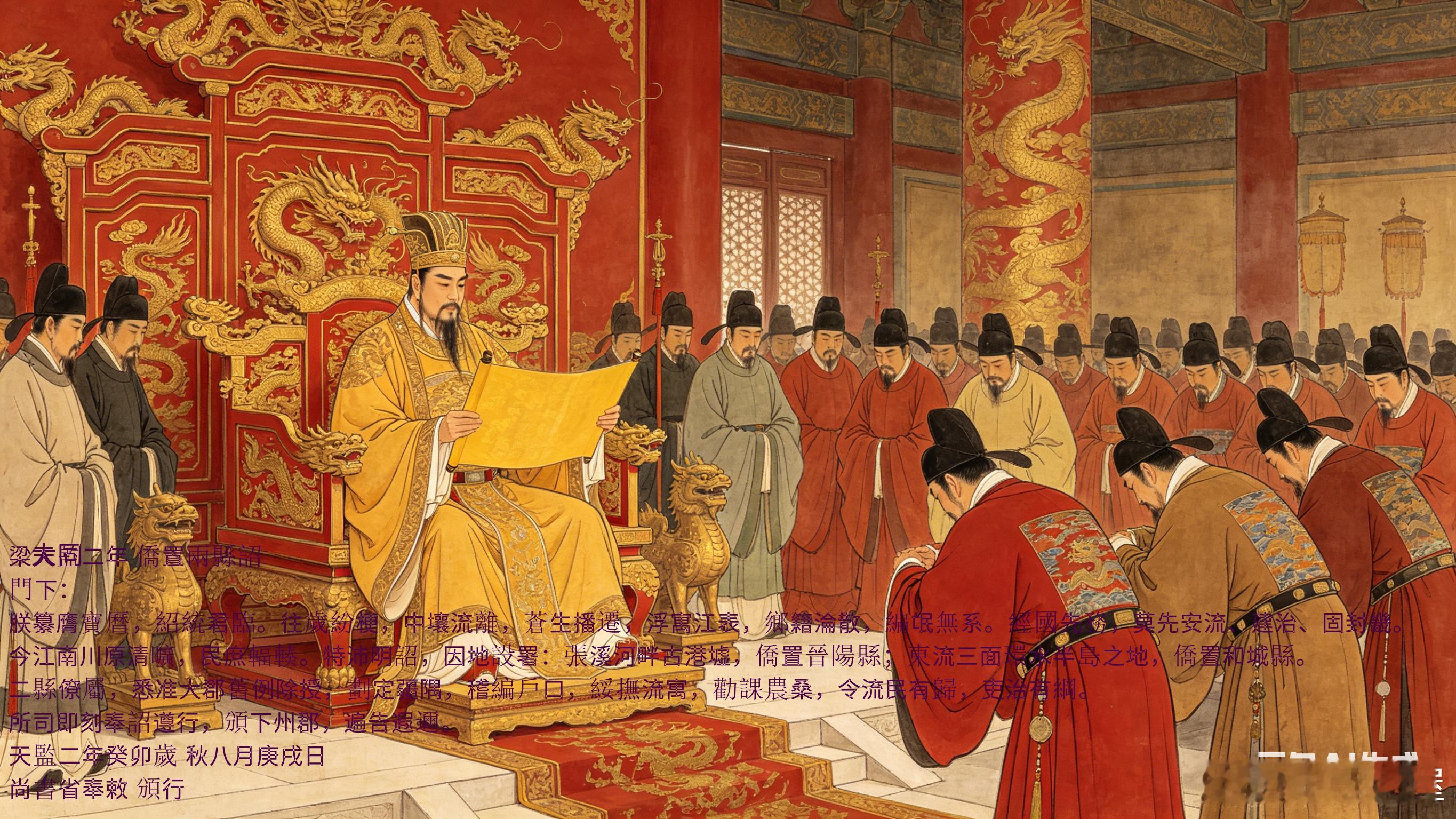 南朝文书：梁武帝诏令侨置晋阳和城两县◎老屋张忠；AI制图//2300字南朝安置流