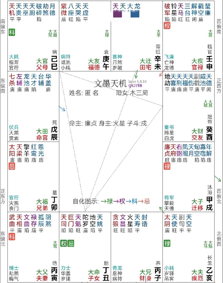 紫微斗数命盘的一些点，生年禄在迁移宫，出发发展比较适合。紫微在福德宫，理想高，独