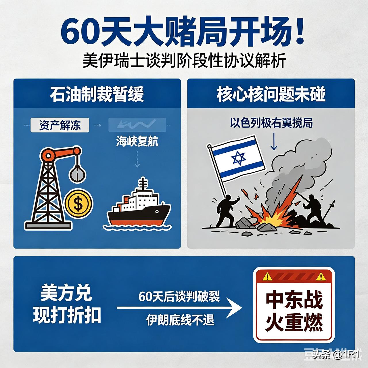 60天大赌局开场！美伊瑞士谈判刚落槌，阶段性协议只是前菜：石油制裁暂缓、资产解冻