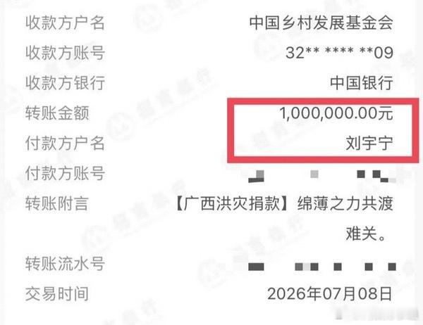 刘宇宁向广西洪灾捐赠100万，正能量的艺人
