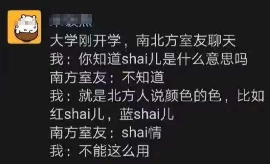 大学刚开学，南北方室友聊天我:你知道shai儿是什么意思吗.....