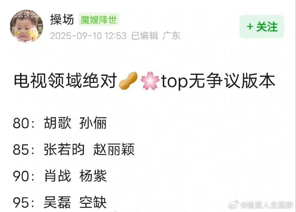 网友评选的电视剧生花top生：胡歌、张若昀、肖战、吴磊花：孙俪、赵丽颖、杨紫认同