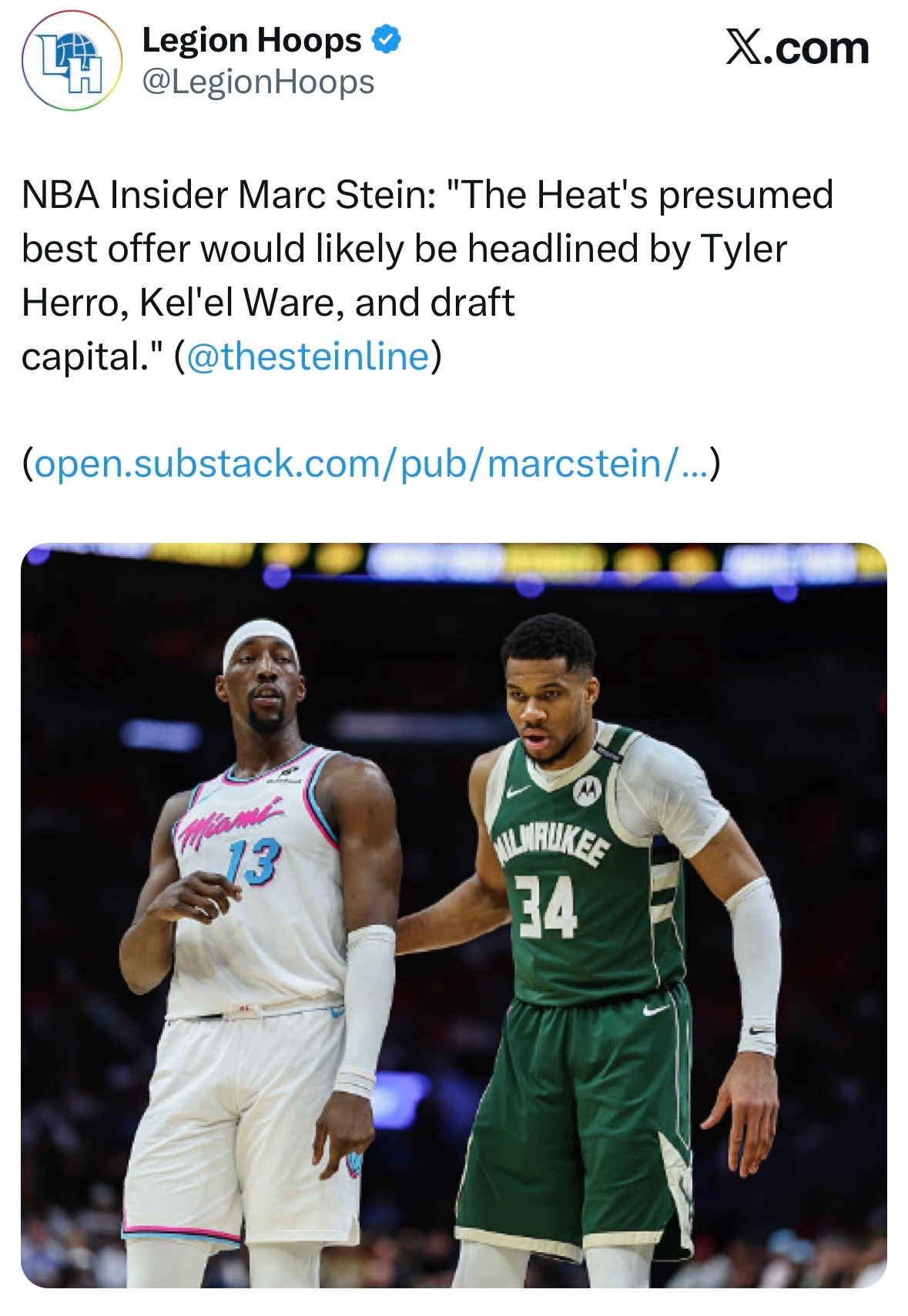 Marc Stein：外界普遍认为，热火能拿出的最优字母哥报价，核心筹码大概率会