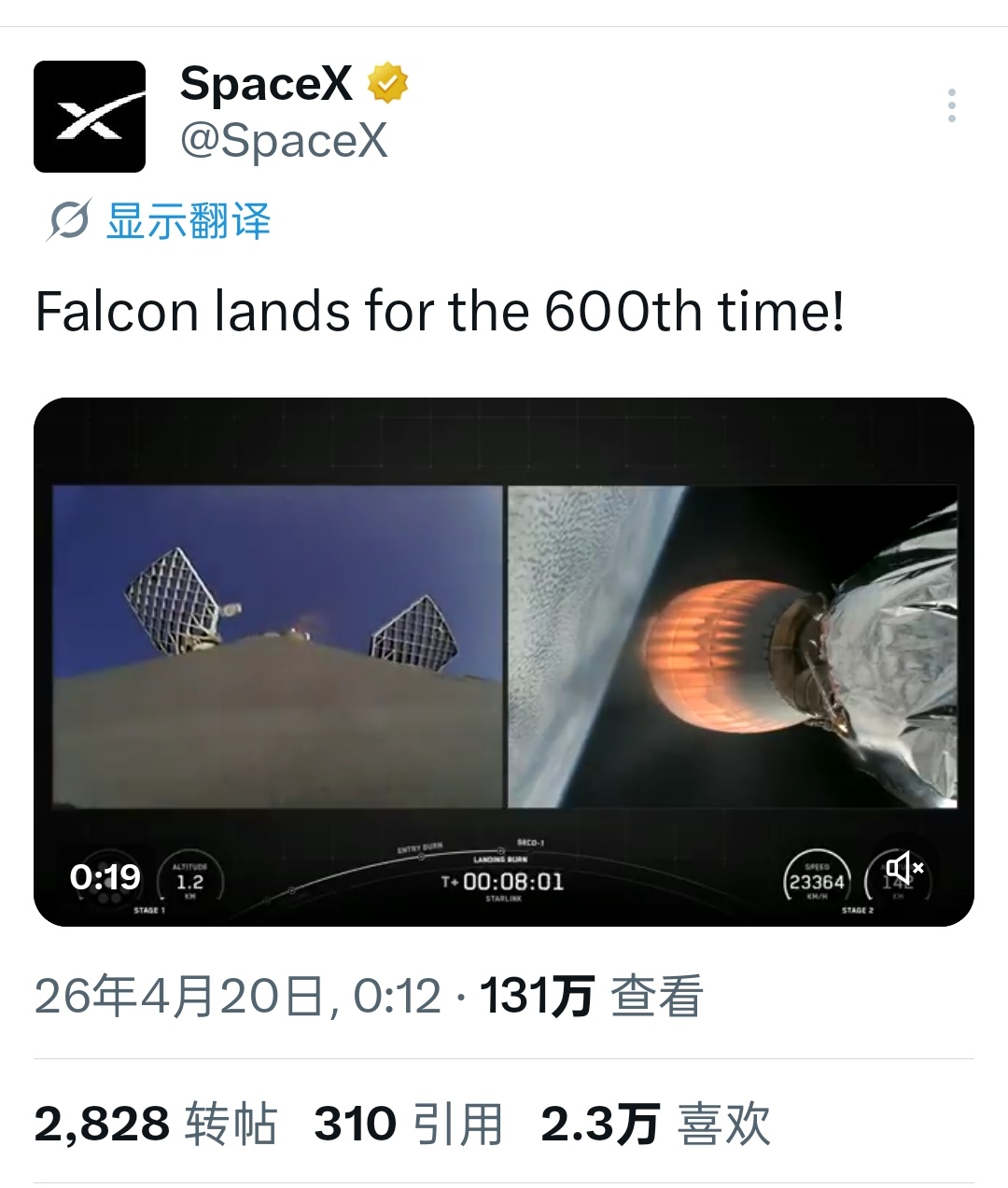猎鹰火箭已完成第600次着陆回收截至今天，SpaceX已发射11853颗“星链”