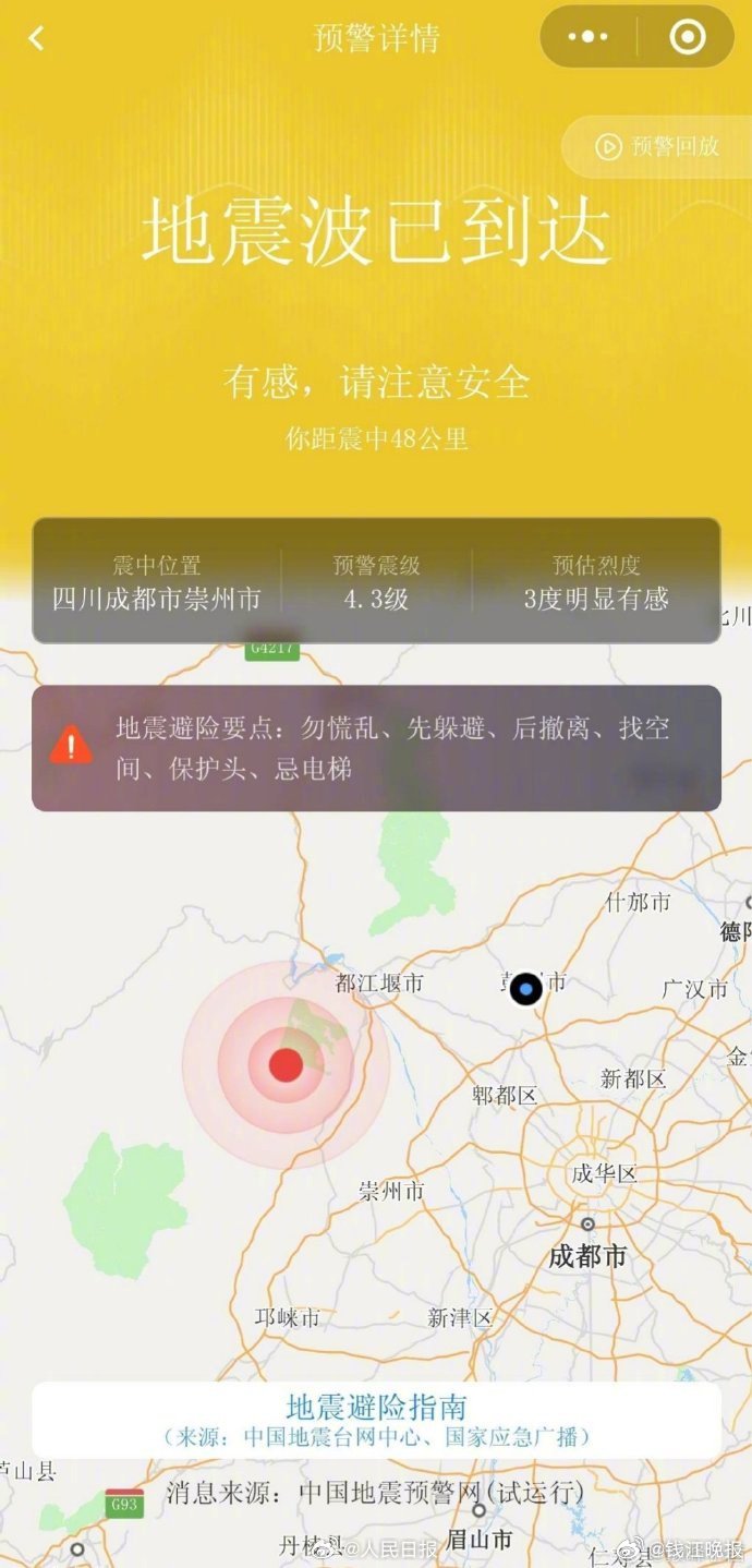 #成都3.9级地震##成都震感#【#小程序向55.473万人推送地震预警#】中国