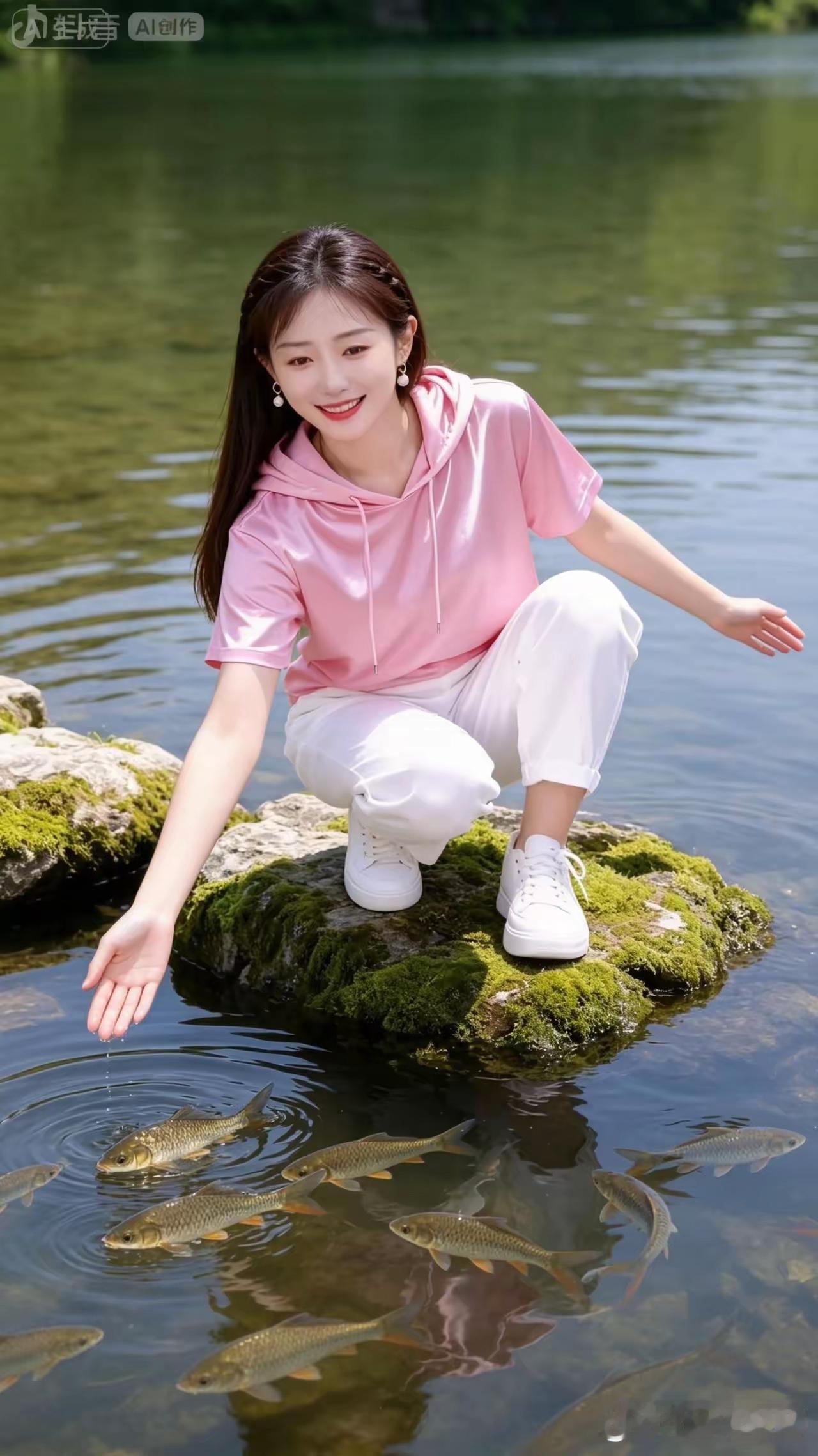 少女与鱼儿亲密接触，感受大自然的美好！🌿🐟💕