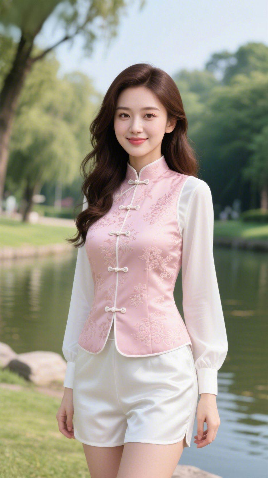 《粉白新中式的清雅日常》
 
浅粉中式马甲裹着绣花纹理，盘扣如轻落的星子，同白纱