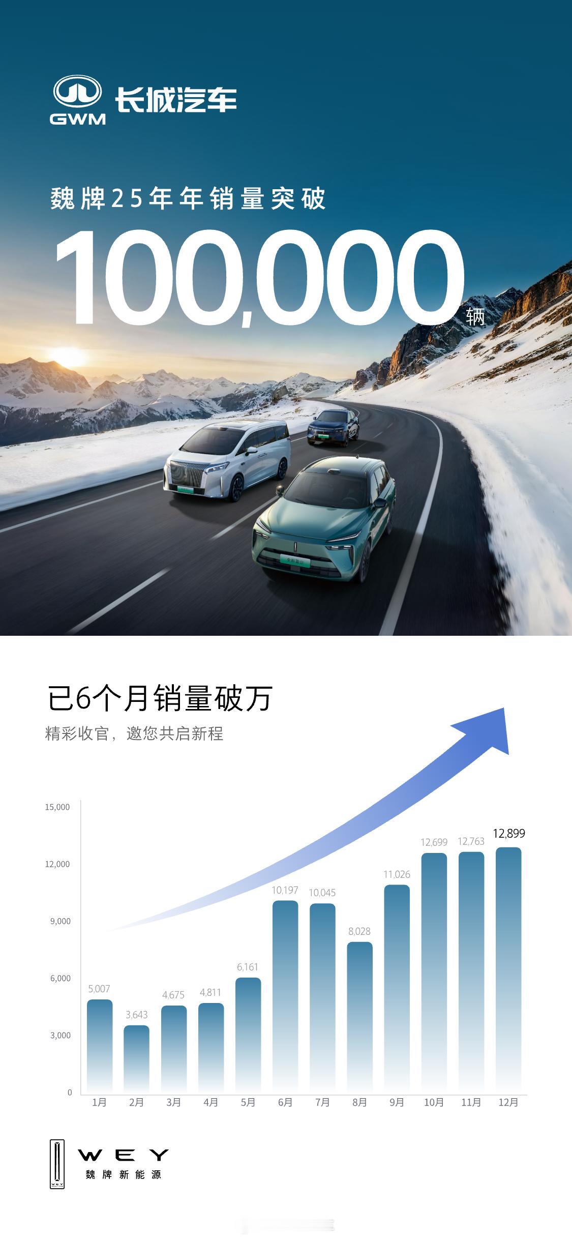 魏牌2025年12月销量12,899辆，年度新高，同比增长83%。魏牌2025年