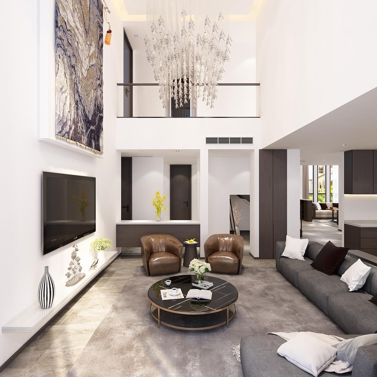 别墅客厅有特点，直接和二层挑高打通。

这就是很多人都想要的设计，在自己家的二楼