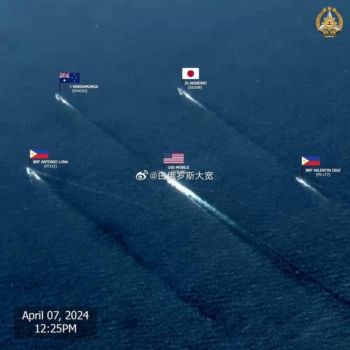 #美日澳菲南海首次军演# 4月7日，美国、日本、澳大利亚和菲律宾在南海举行首次联