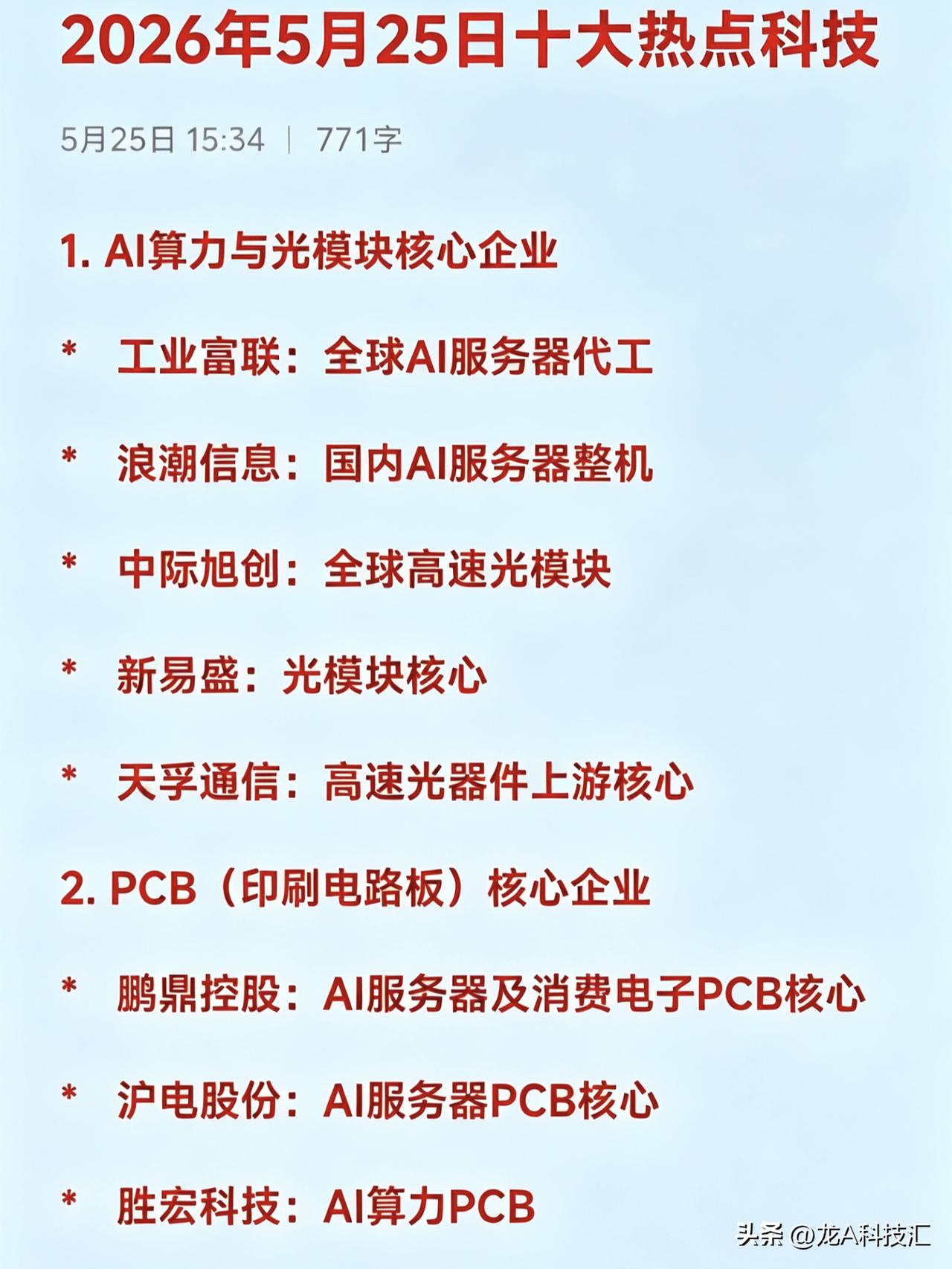 2026年5月25日十大热点科技及其产业链核心龙头

1. AI算力与光模块核心