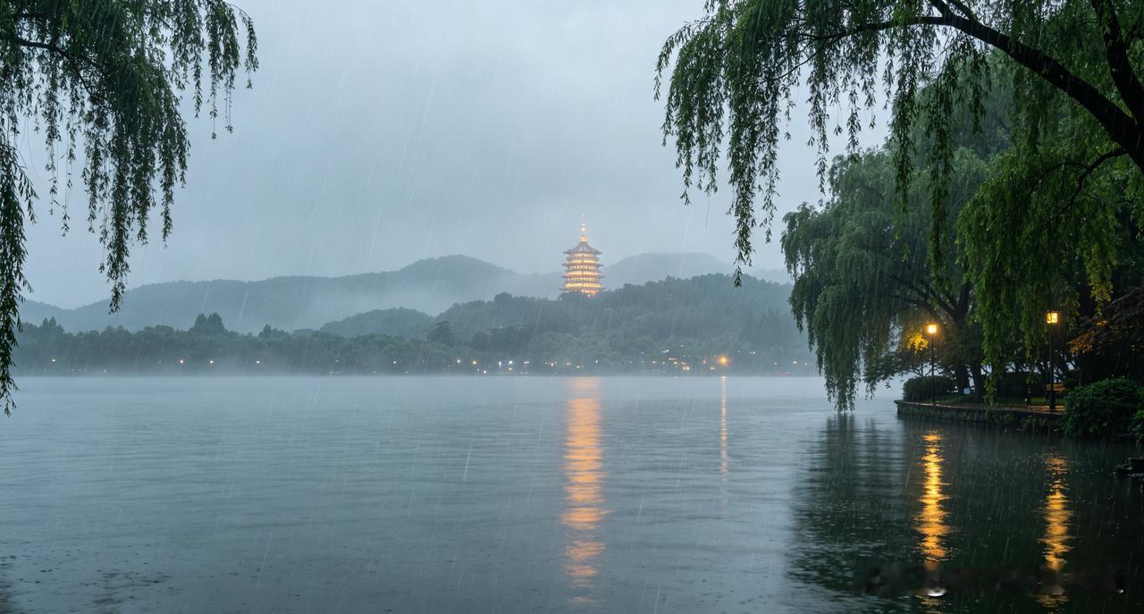 细雨漫过西湖湖面，远山笼着一层朦胧薄雾。垂柳依依垂向水面，远处雷峰塔灯火微光，倒