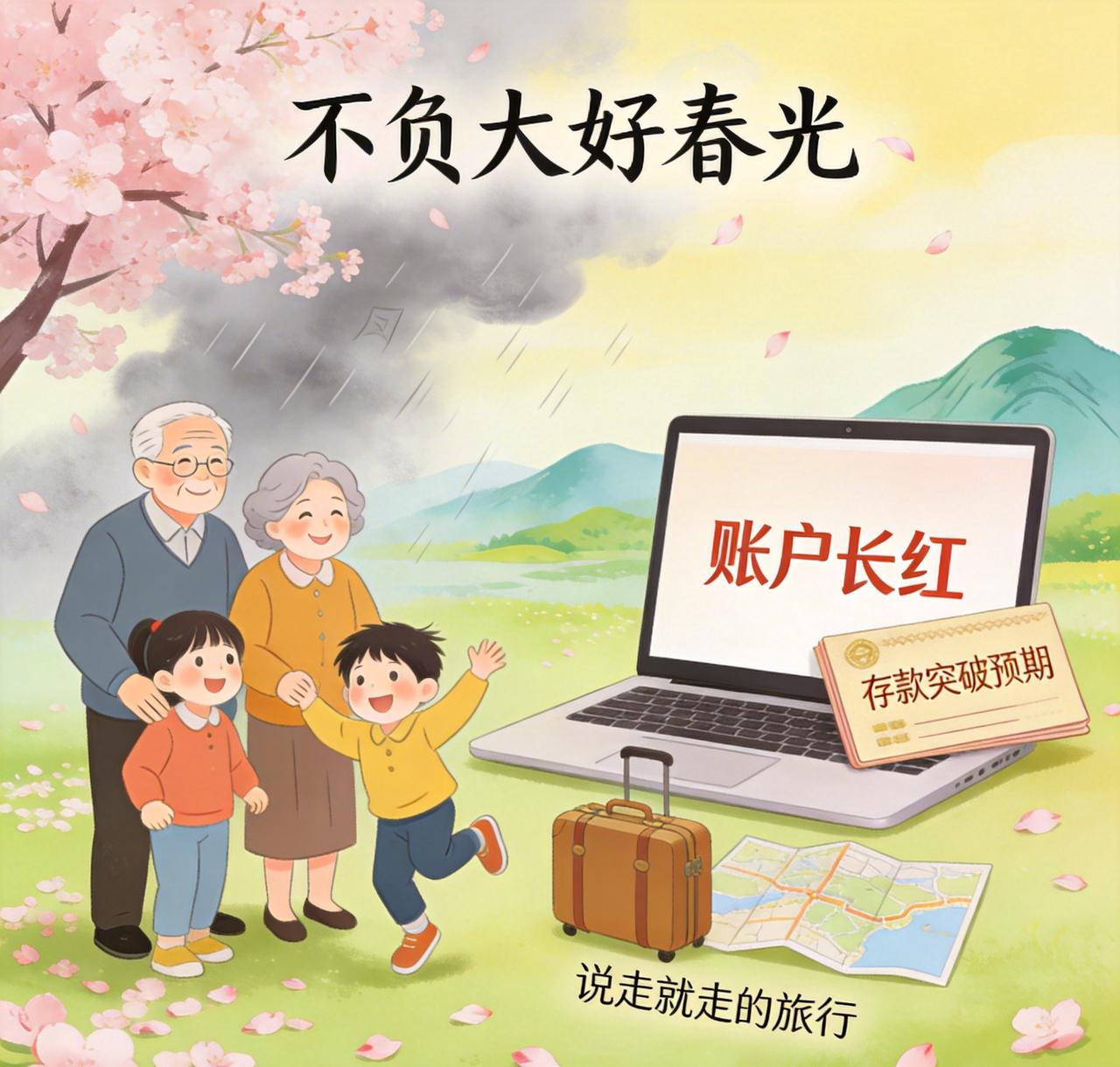 愿春风吹散阴霾，家人身体安康，无病无灾。盼望账户长红，存款突破预期，来一场说走就