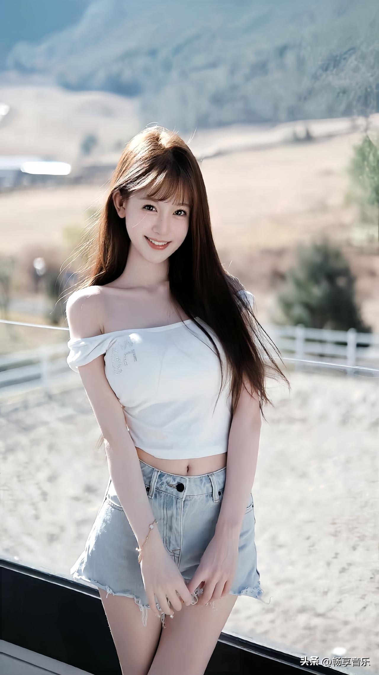 阳光明媚的春日，甜美少女在山间轻笑，白色露肩上衣与牛仔短裤，清新自然。甜美小仙女