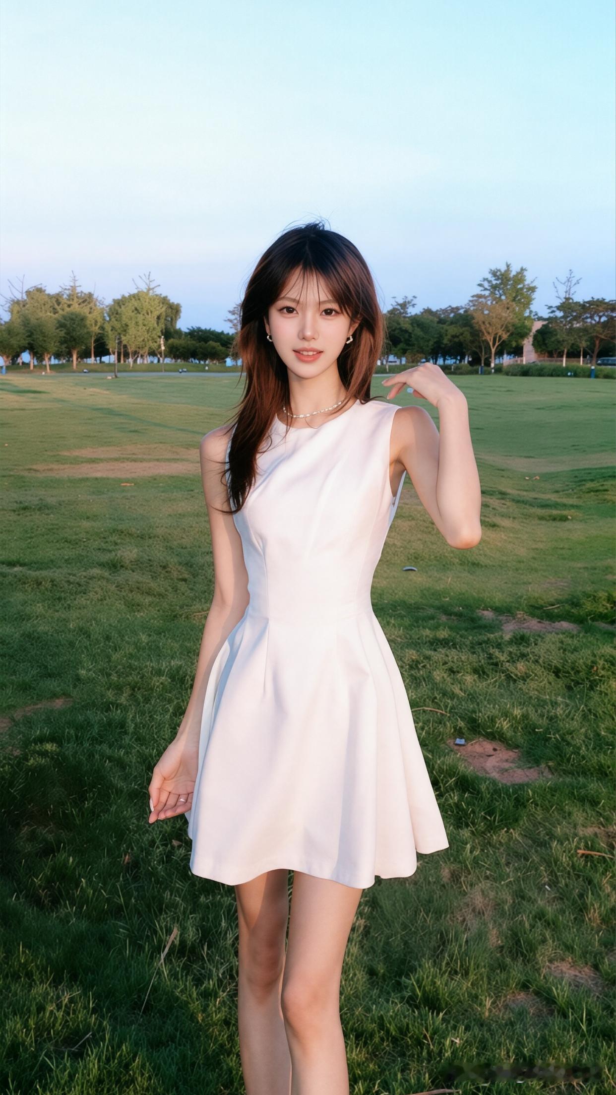 女孩子怎么穿搭既时尚又好看? 夏日清新穿搭，白色连衣裙在绿草地上绽放优雅魅力。