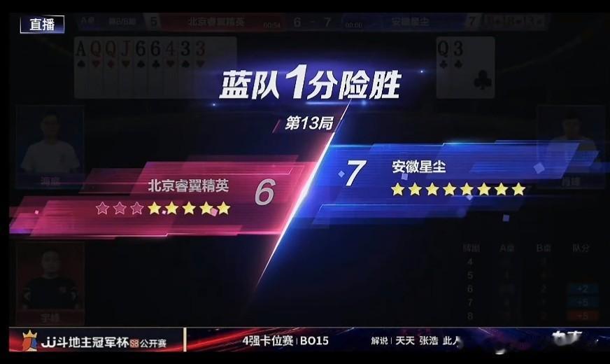 恭喜安徽星尘8：5击败北京睿翼精英，晋级四强！
安徽星尘和北京睿翼精英为四强最后