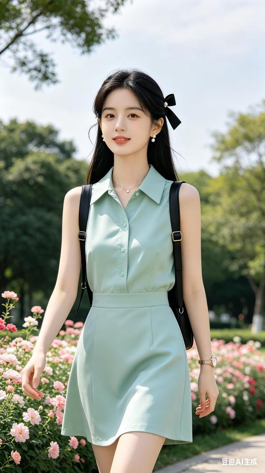 娃娃脸女生黑直发系珍珠丝带蝴蝶结，淡青无袖连衣裙配黑双肩包，冷白皮纤细匀称。低角