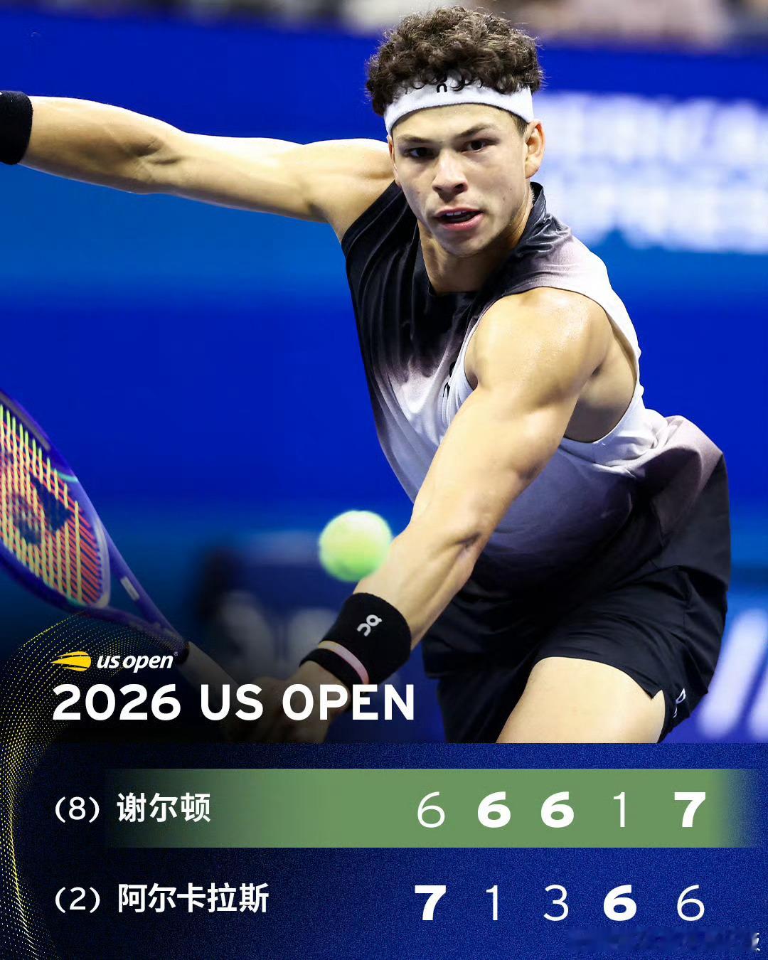 谢尔顿淘汰阿尔卡拉斯谢尔顿鏖战五盘挑落阿尔卡拉斯 美网2026男单1/4决赛午夜