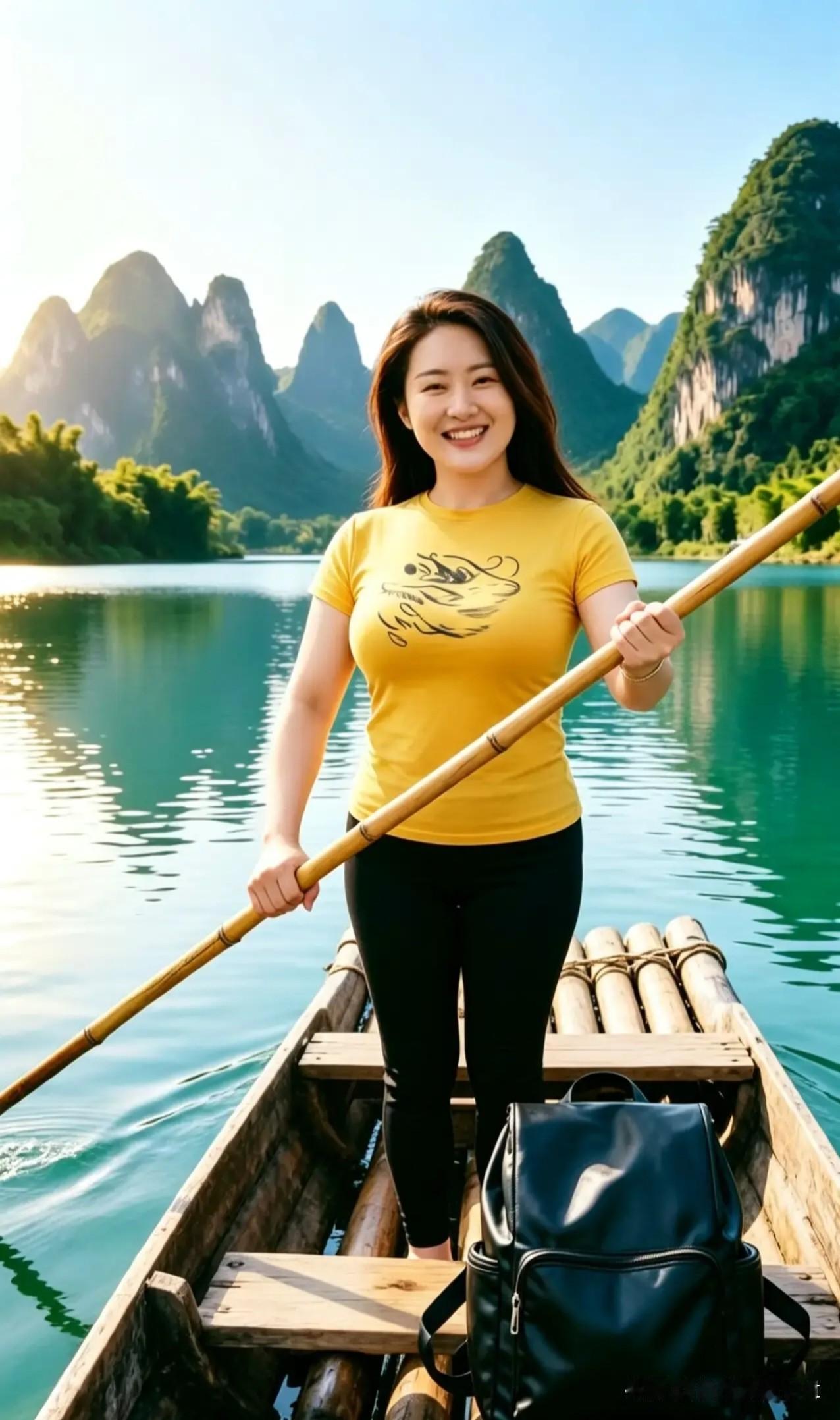 清江引·竹筏游峰
 
群峰蘸水澄光透，竹桨轻轻叩。
黄衫沐晓风，笑揽青山秀，一川