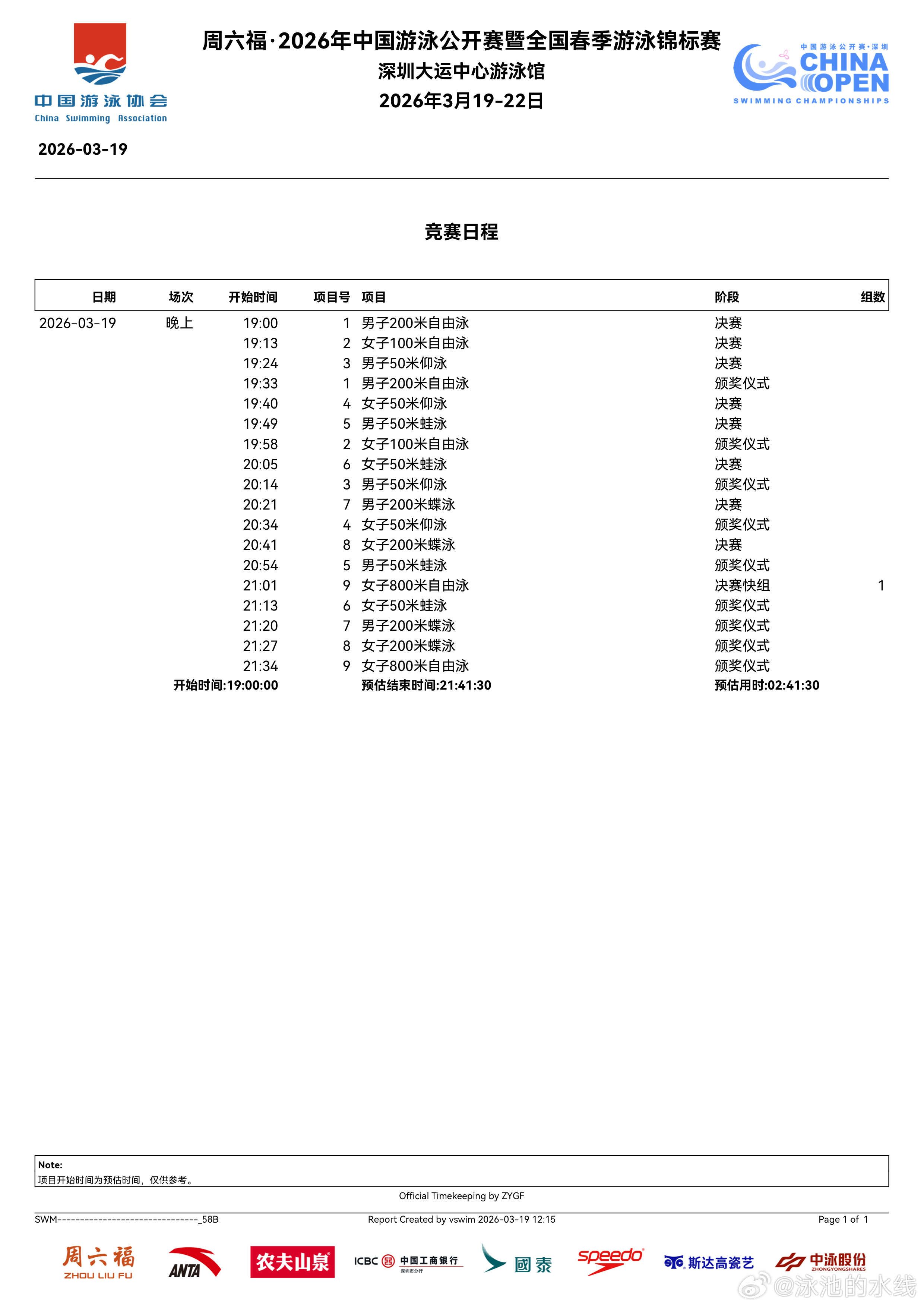 2026年中国游泳公开赛 今天晚上决赛秩序单来啦