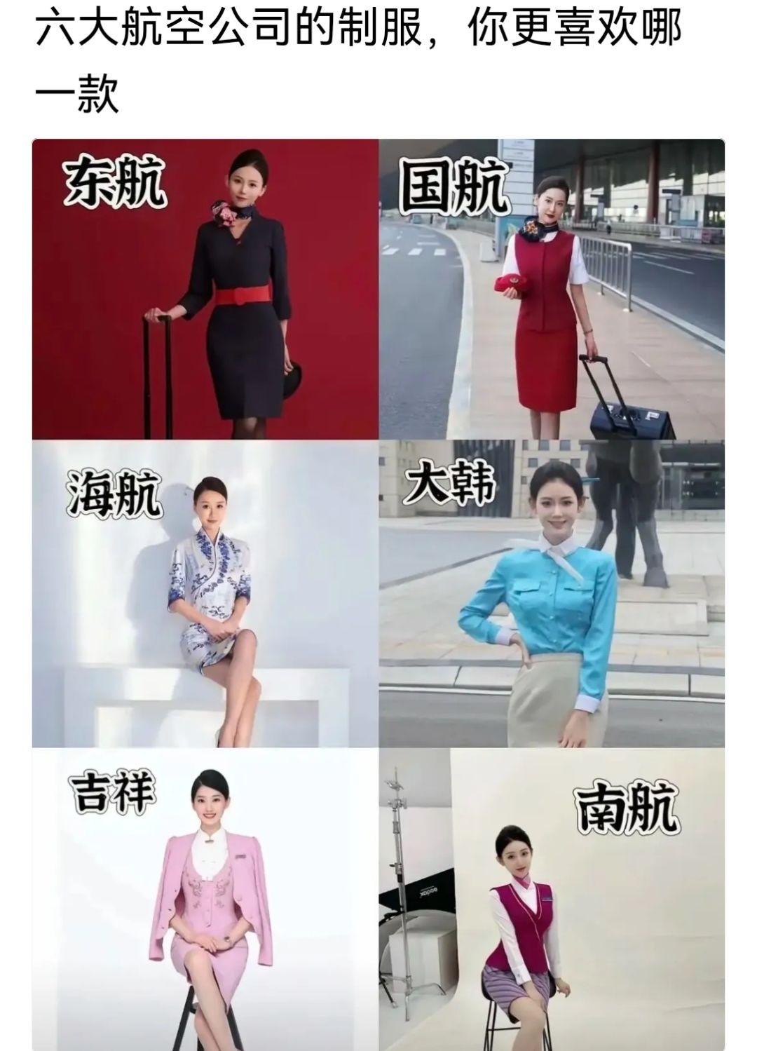 东航红腰带利落又明艳，国航红马甲端庄大气，海航青花瓷旗袍直接把东方氛围感拉满，大