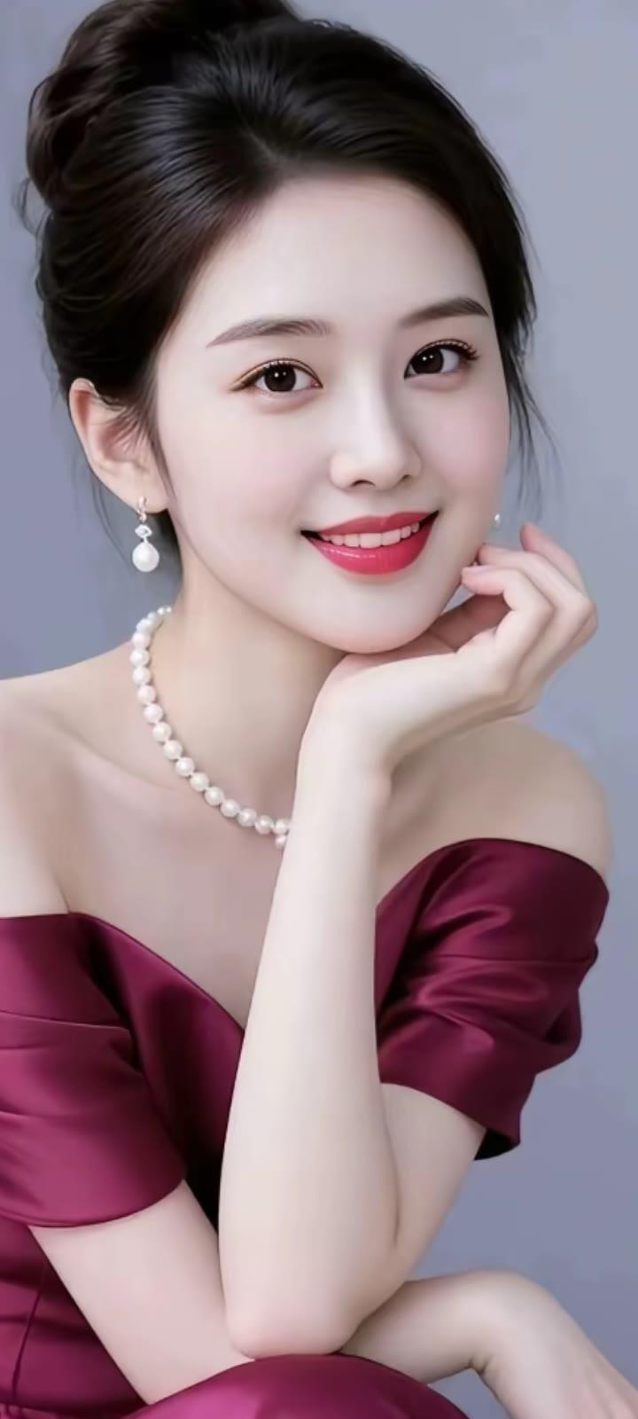 优雅红裙，珍珠闪耀，微笑动人