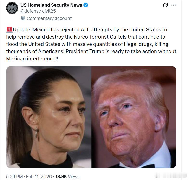 墨西哥拒绝了美国所有试图协助清除并摧毁毒枭恐怖组织的行动，而这些组织仍在向美国大