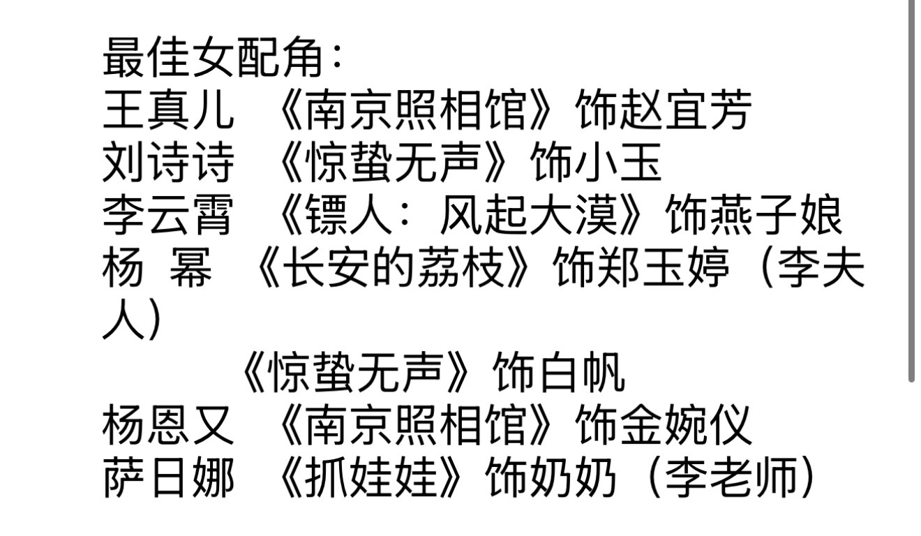 刘诗诗杨幂顶峰相见 百花奖最佳女配角提名王真儿、刘诗诗、李云霄、杨幂、杨恩又、萨