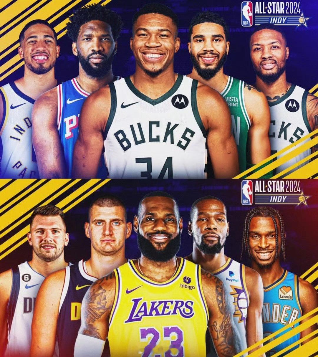 NBA全明星先发阵容公布东部：阿德托昆博、恩比德、塔图姆、哈利伯顿、利拉德西部：