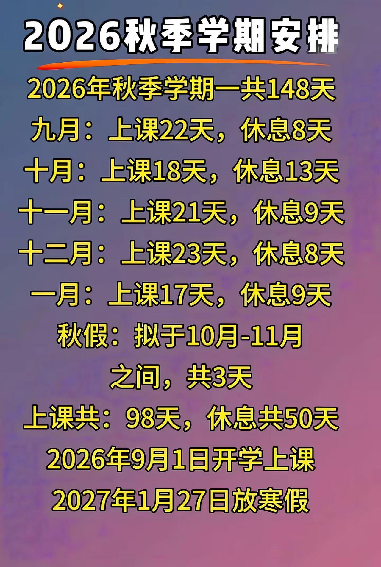 加油，祖国的花朵们。26年秋季课表出来了，上课时间98天，在家休息50天