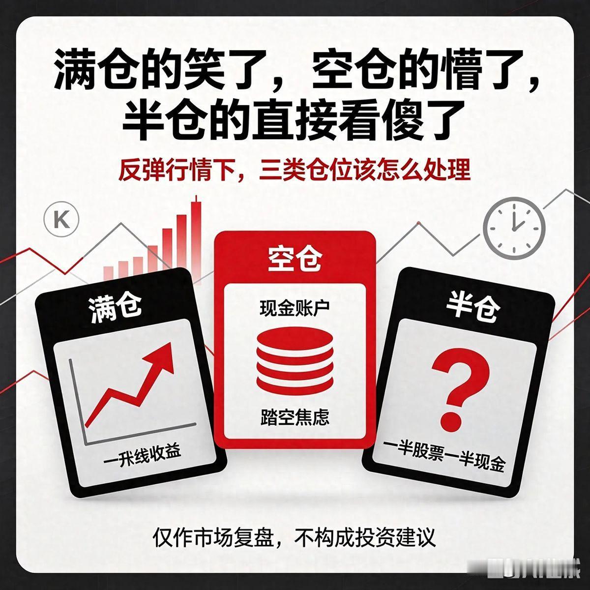 半个月前机构喊减仓，散户们齐刷刷跟着跑，结果大盘暴力反弹，空仓的原地爆炸。
这就