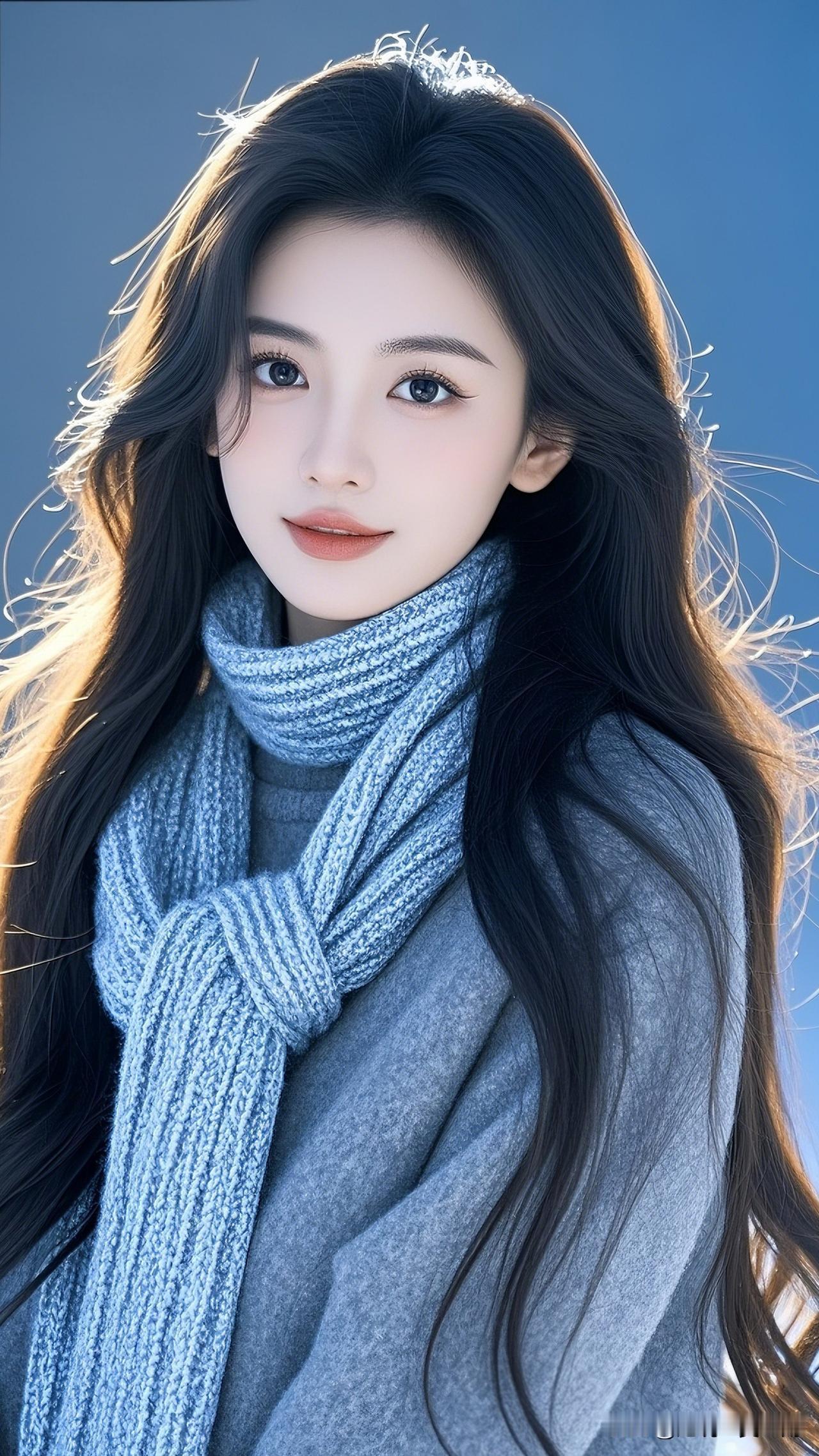 雪中美人，如诗如画。晒出美丽身影 冬日暖阳下的温柔少女，蓝白相间的围巾，温暖而迷