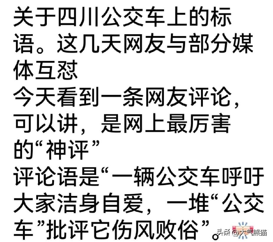 看到了对四川公交车广告最最传神的评论，“一辆公交车呼吁大家洁身自爱，一堆公交车批