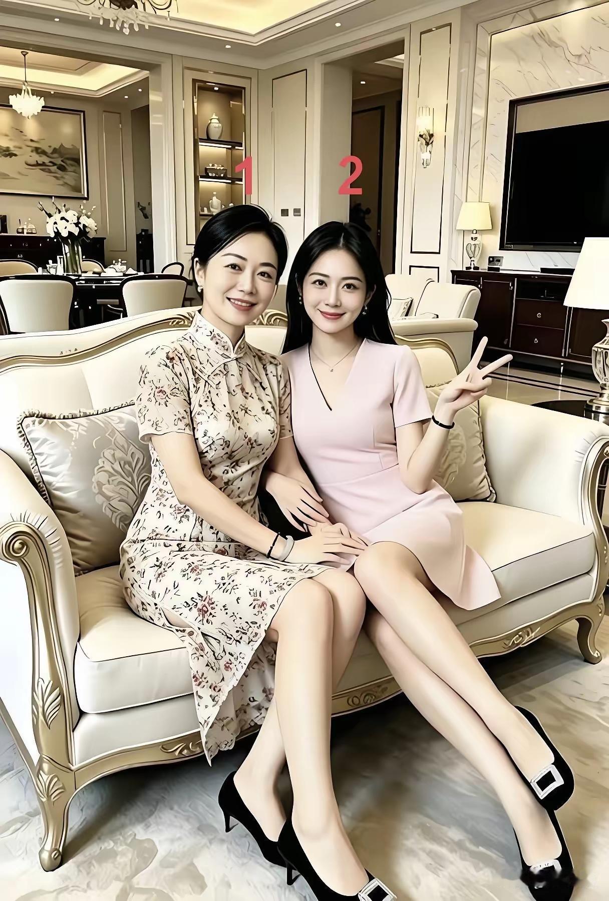 看到44岁妈妈和24岁女儿都穿着旗袍，青春靓丽的模样，还真有点难分辨谁是谁呢！就