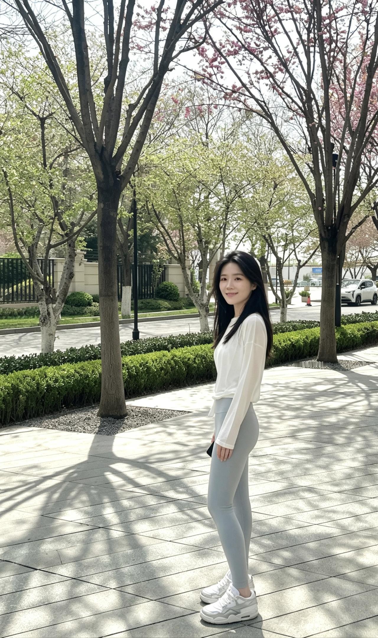 今天出门随便拍了几张，浅说一下这套穿搭～
白T+浅灰瑜伽裤真的是懒人福音！
舒服
