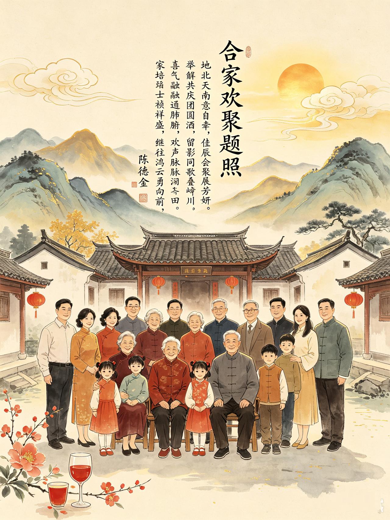 合家欢聚题照
文/陈德金（江西）

地北天南意自牵，佳辰会聚展芳妍。
举觞共庆团