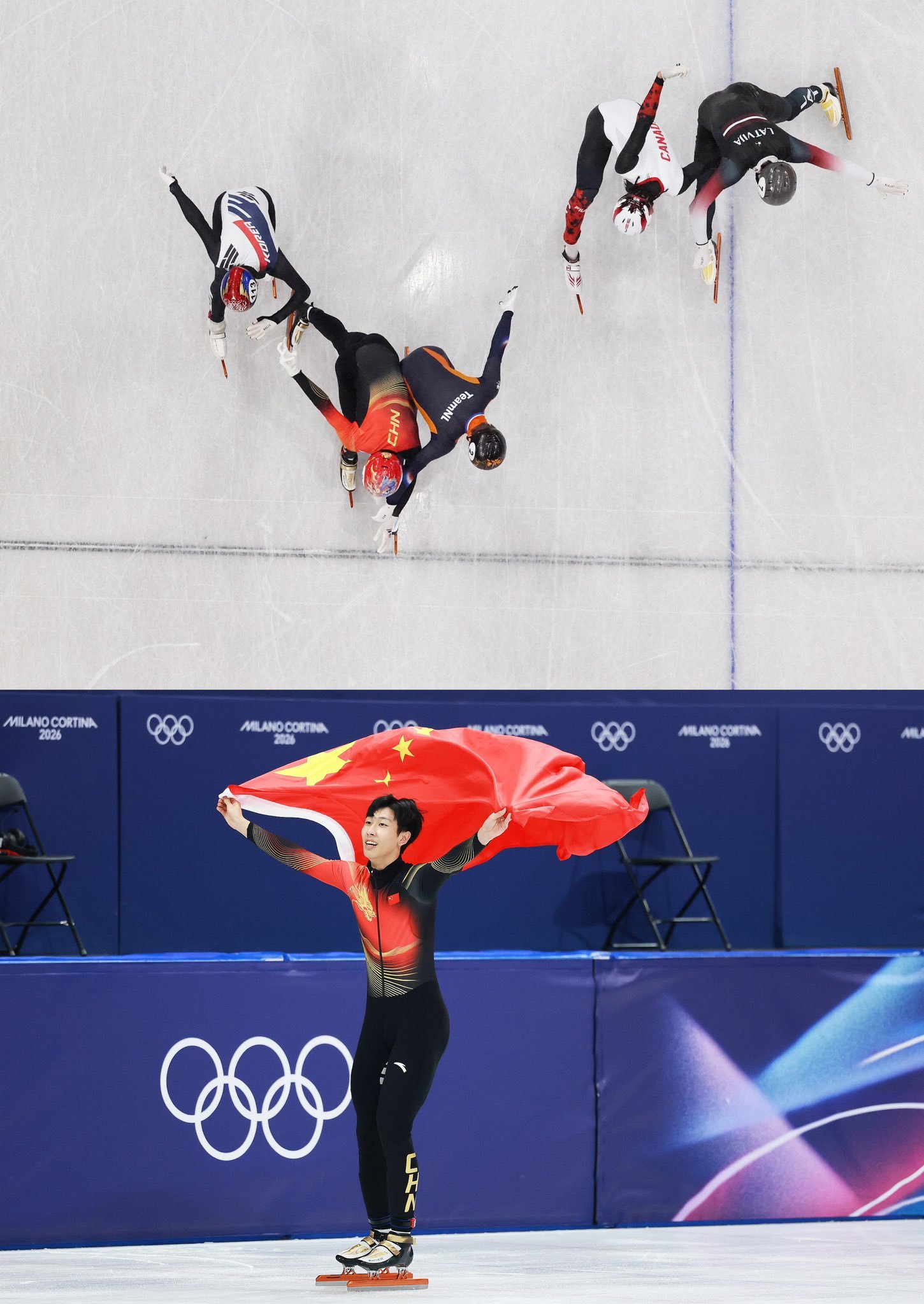 米兰-科尔蒂纳冬奥会短道速滑男子1000米A组决赛，孙龙1分24秒565的成绩夺