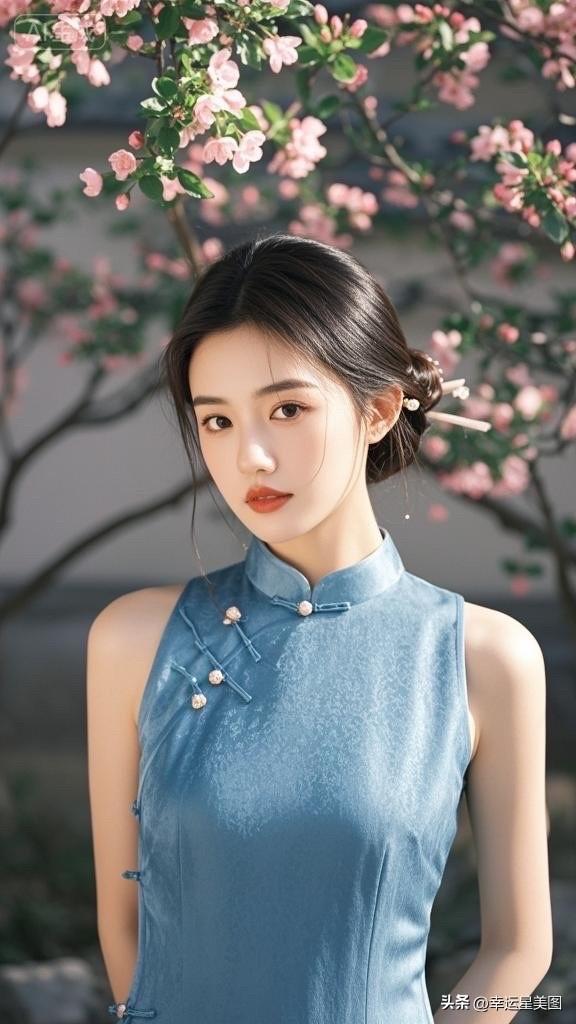 温柔古典，蓝衣少女与樱花树下的浪漫邂逅