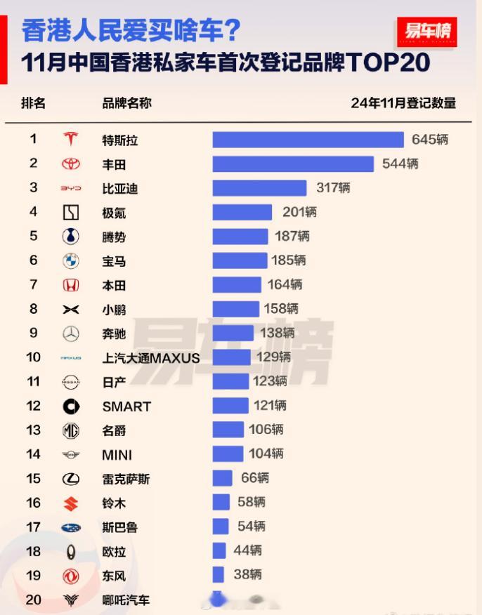 比亚迪  香港人爱买啥车?中国香港私家车首次登记品牌Top20榜单(2024年1