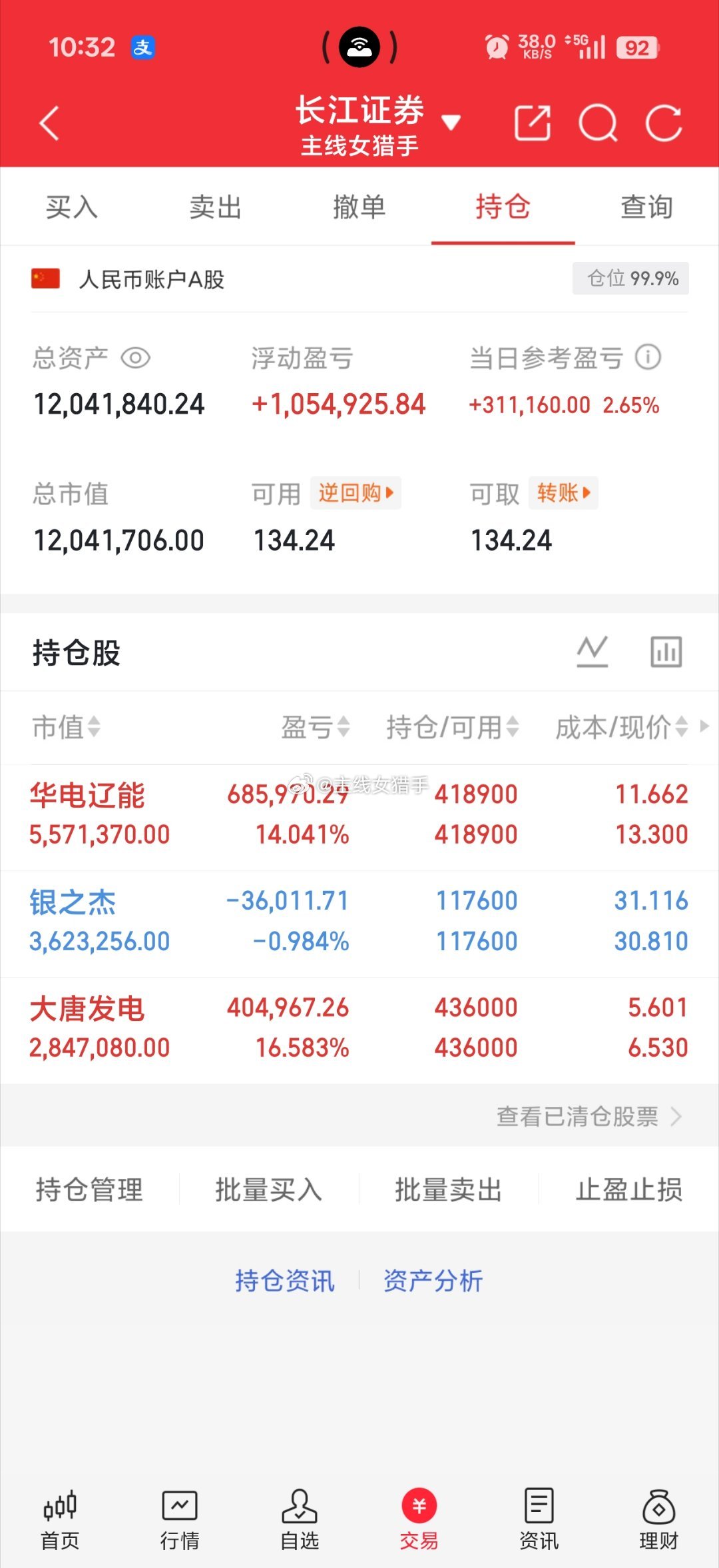 今日实盘操作持仓：华电辽能 银之杰 大唐发电温馨提示：所有实盘记录仅为个人操作复