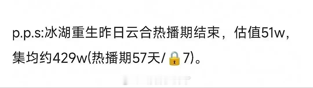 原来《冰湖重生》有57天的热播期，这个时间算是长的吧？😂