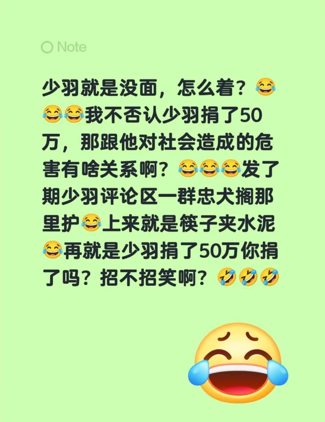 少羽就是没面，怎么着？😂😂😂我不否认少羽捐了50万，那跟他对社会造成的危害