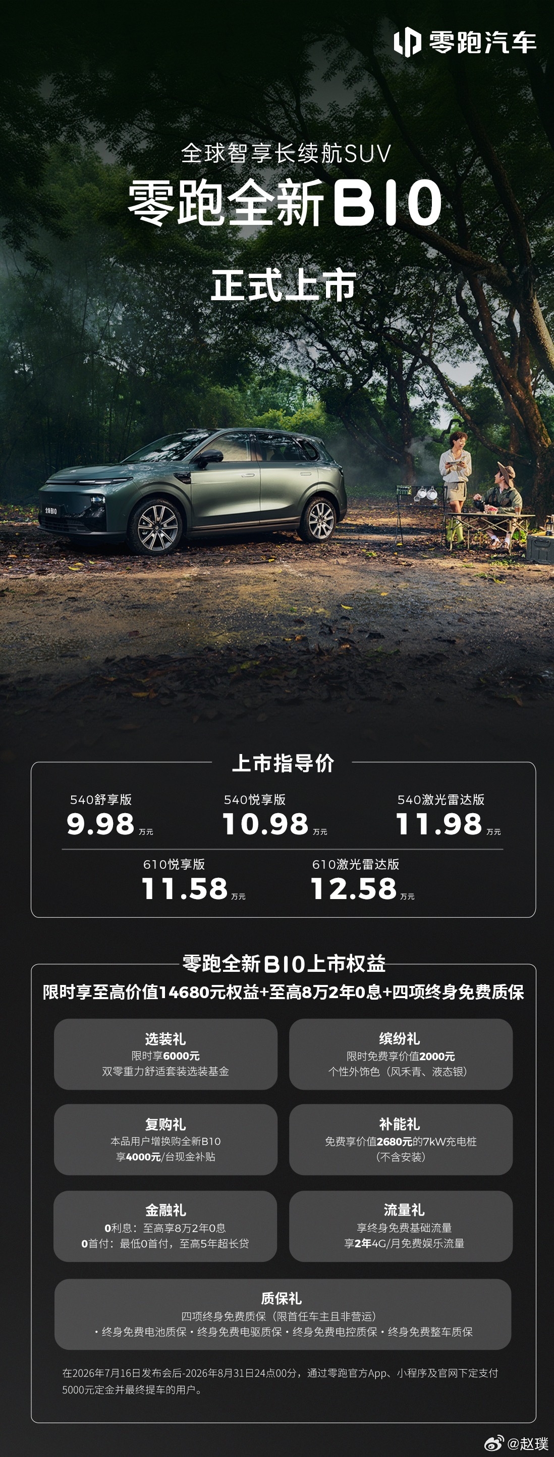 焕新零跑B系列上市，其中B10起售价9.98万元，B01起售价9.58万元。不到