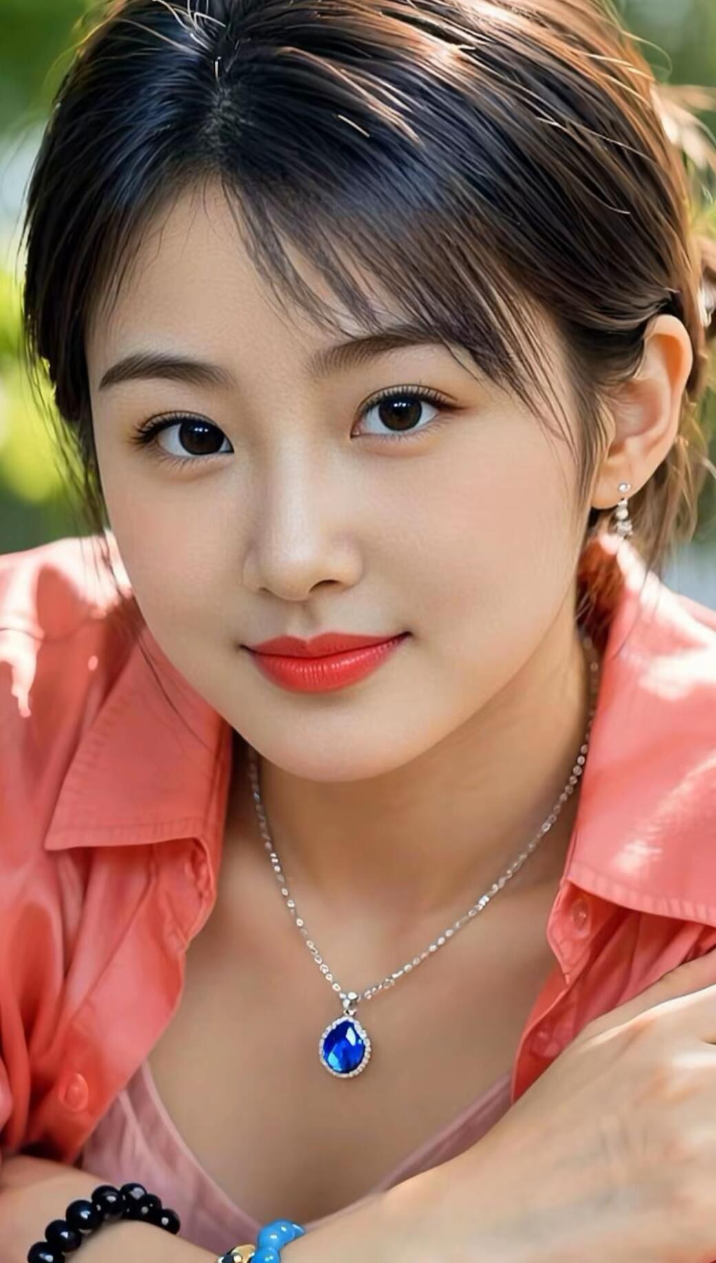 元气少女，清新自然，甜美笑容，粉色衬衫，蓝色宝石项链，黑珍珠手链，夏日清新风。