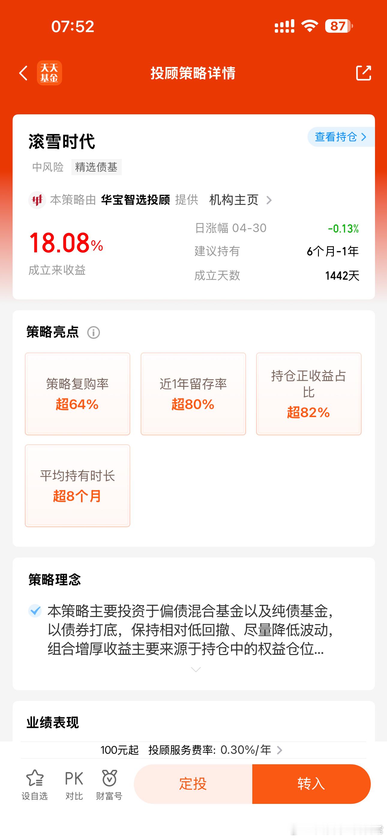 记录一下，中高波固收增强投顾组合“滚雪时代”今年前4月暂时略跑输偏债混合基金指数